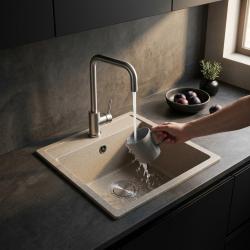 GraniteMy Universal pia de areia bege de granito 34x40 cm montagem superior, embutida e nivelada com plugue de aço inoxidável 1208968007